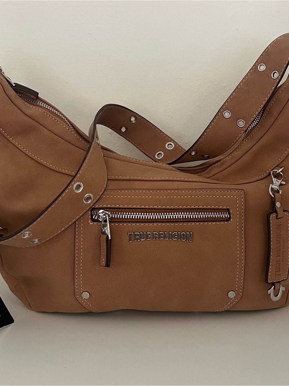 True Religion Tan Leather Messenger with Grommet Strap
